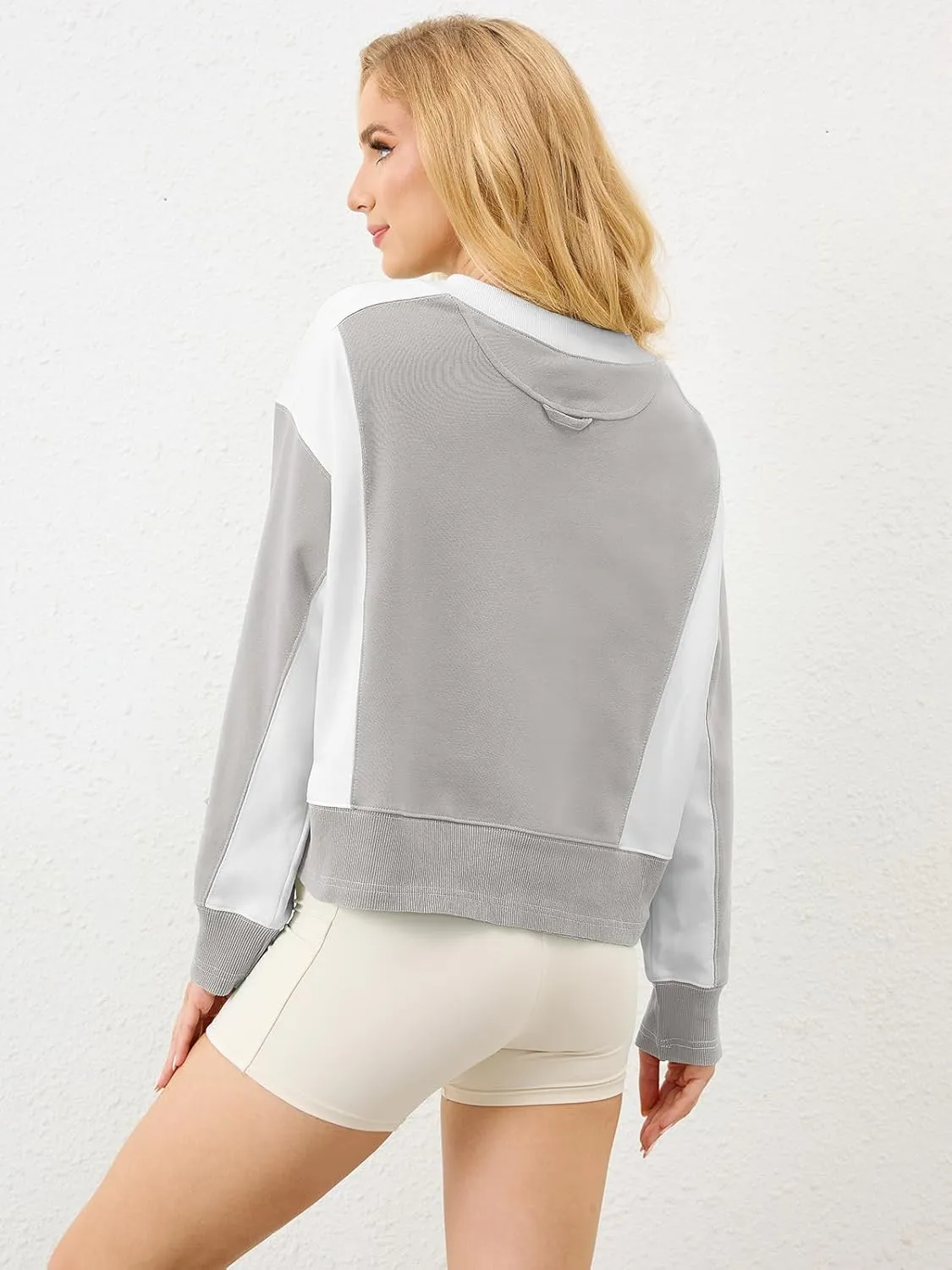 Womens Oversized Cropped Sweatshirts Color Block Crewneck Casual Long Sleeve Pullover Loose Fit Shirt Trendy Top