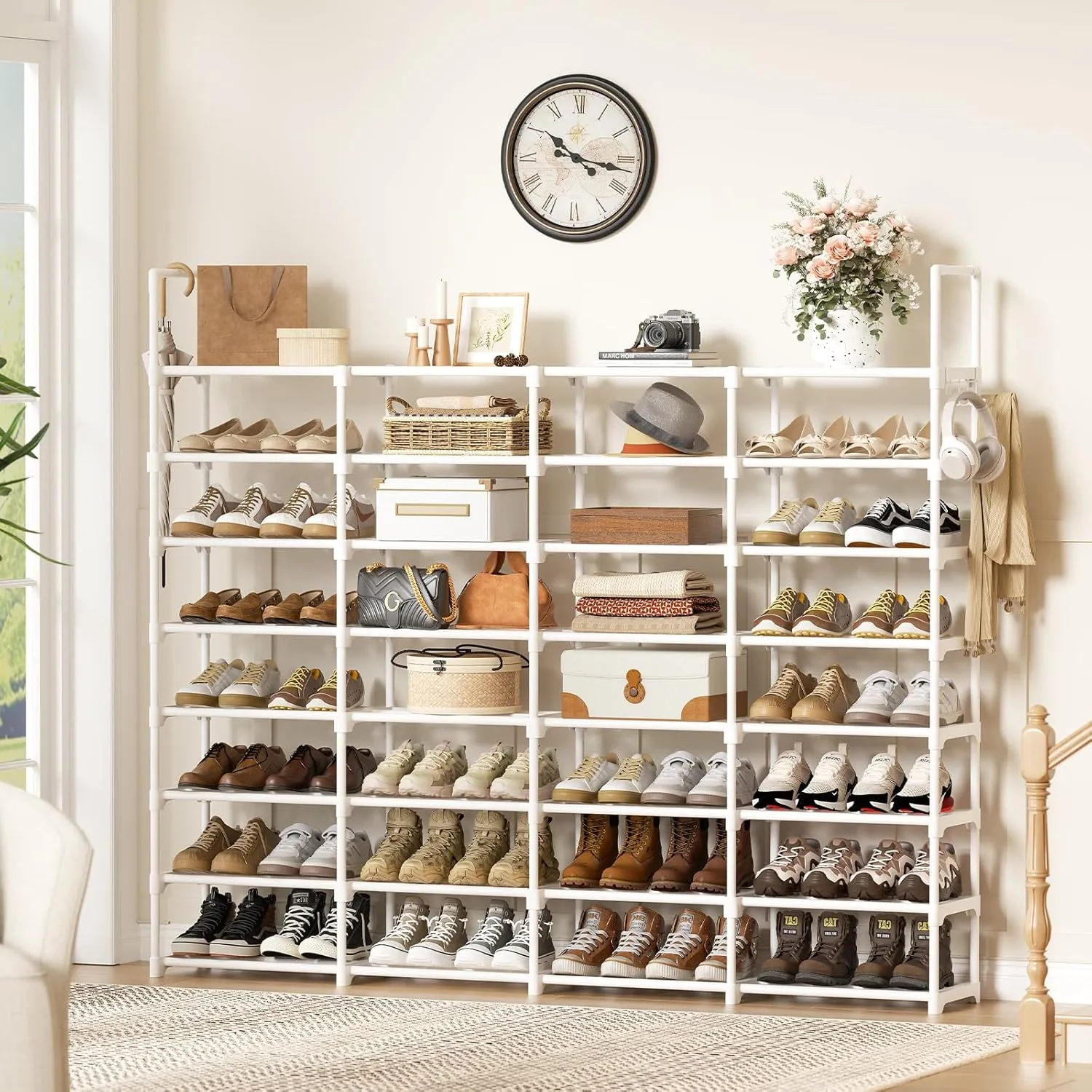 WOWLIVE Extra Large Shoe Rack, 4 Rows 8 Tier 56-64 Pairs Big Tall Metal Shoe Organizer, Stackable, Large Capacity Boot Rack Storage Organizer for Entryway, Closet, Garage, White